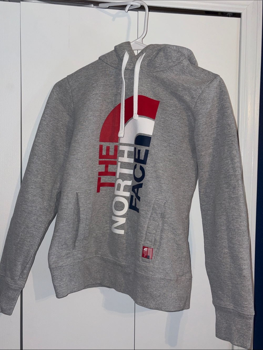 The North Face Gray Hoodie with Red, White & Navy Logo